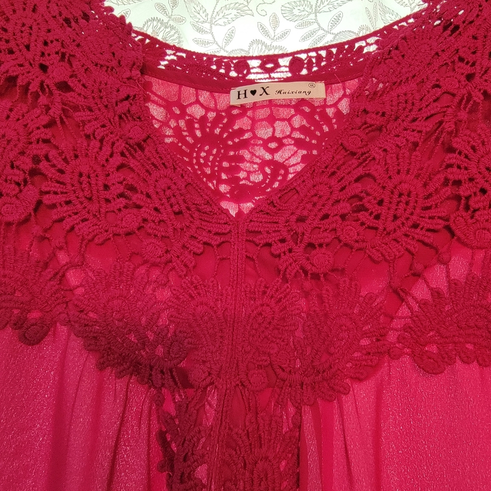Lace and sheer ruby pink top